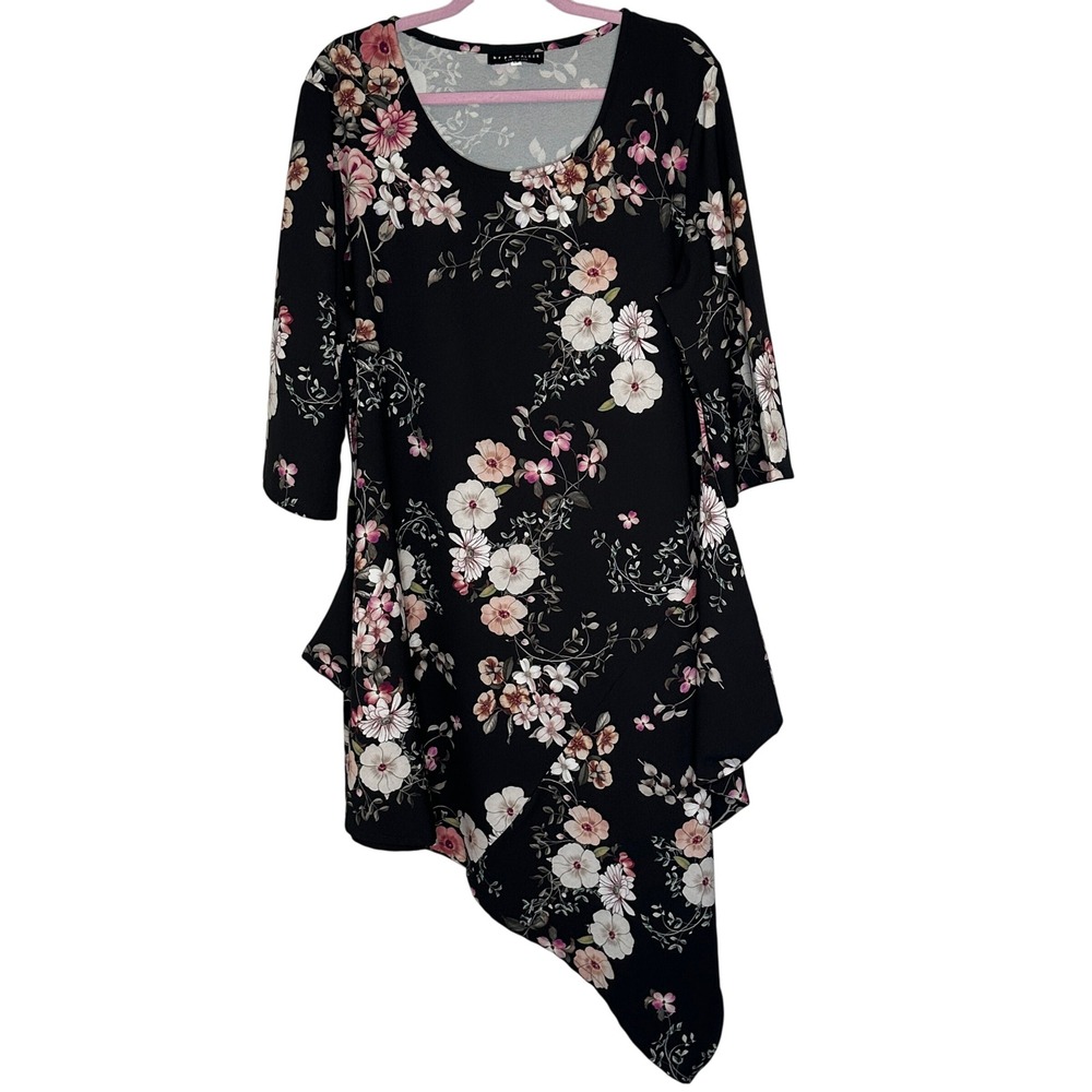 Bryn‎ Walker 1X Floral Naida Cascade Hem Tunic Top Black Pink White Made in USA